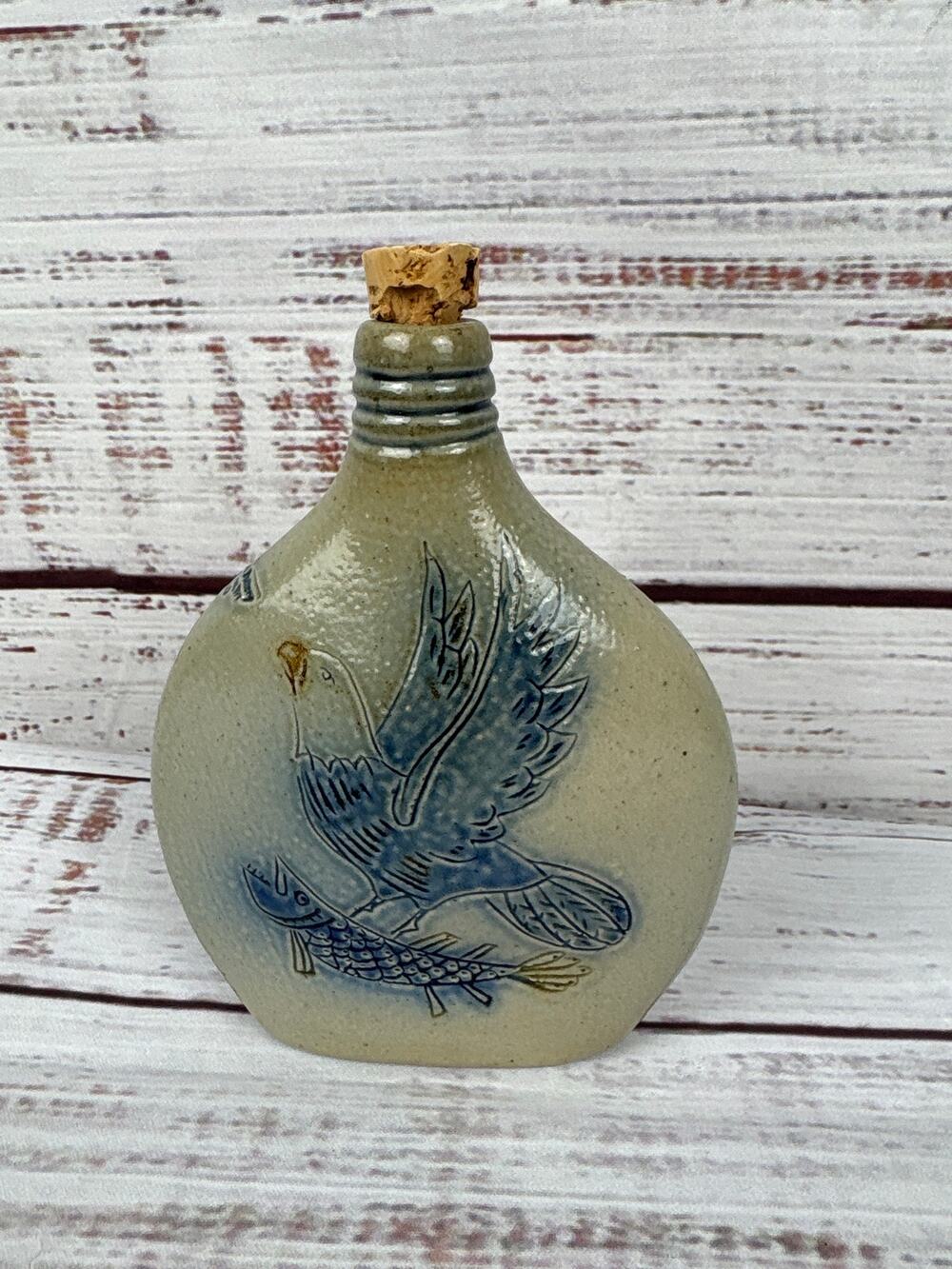 VTG Wisconsin Potter Co Corked Decanter Blue Salt Glaze Eagle Fish 6" Tall EUC